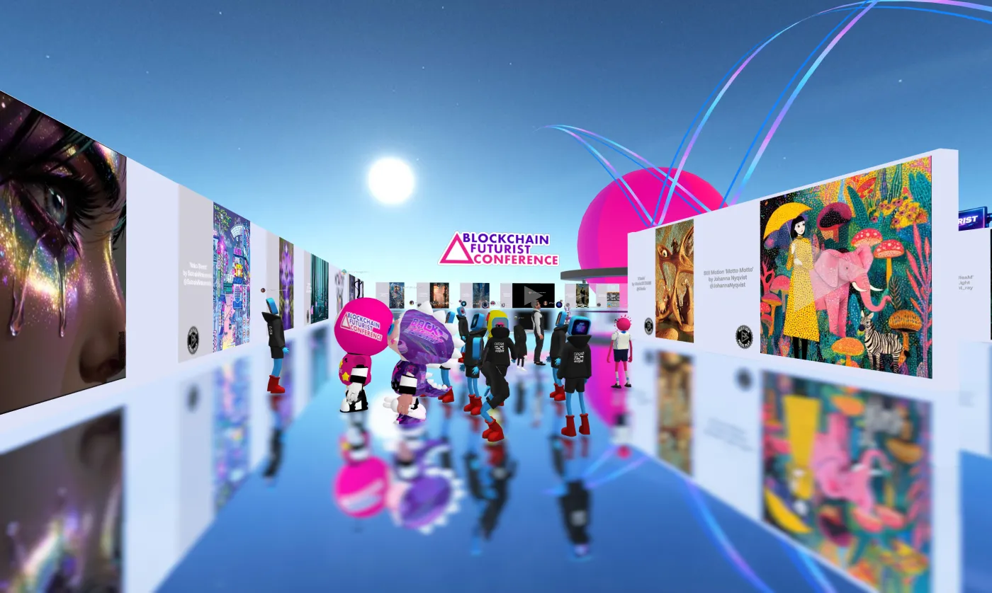 Artworks lining the walls of the Futurist Toronto metaverse gallery