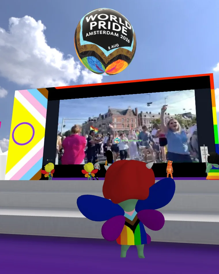 The LIVE FROM AMSTERDAM screen in the gallery, playing the crowd on the street
