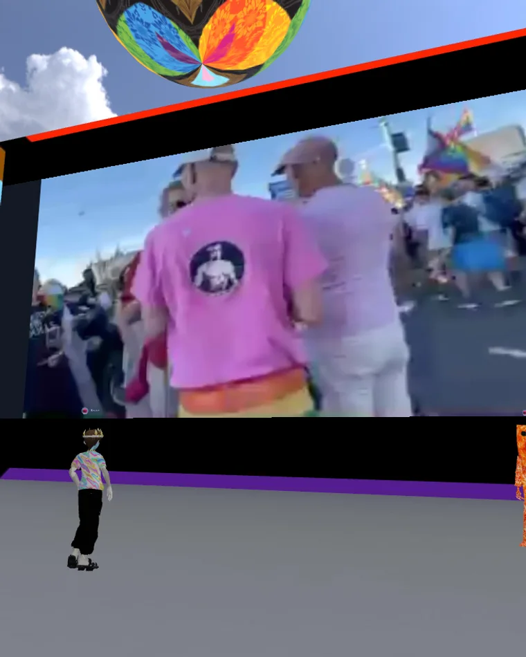 People on the streets of Amsterdam, filling the screen inside the metaverse gallery