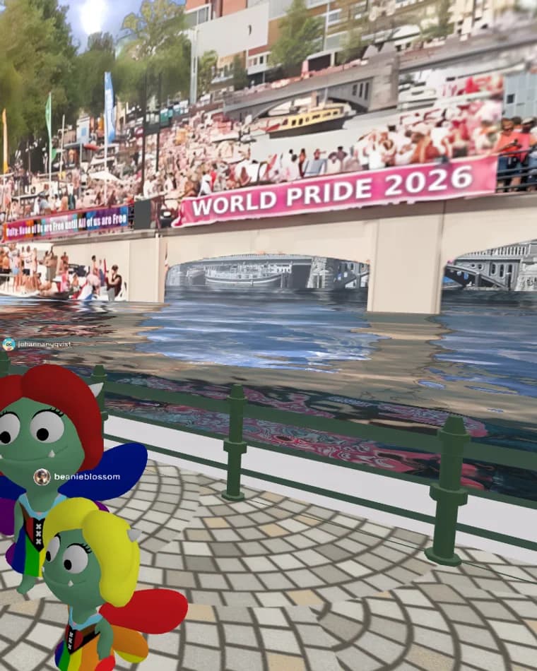 The canal under the World Pride 2026 banner, boats and crowds on the far bank