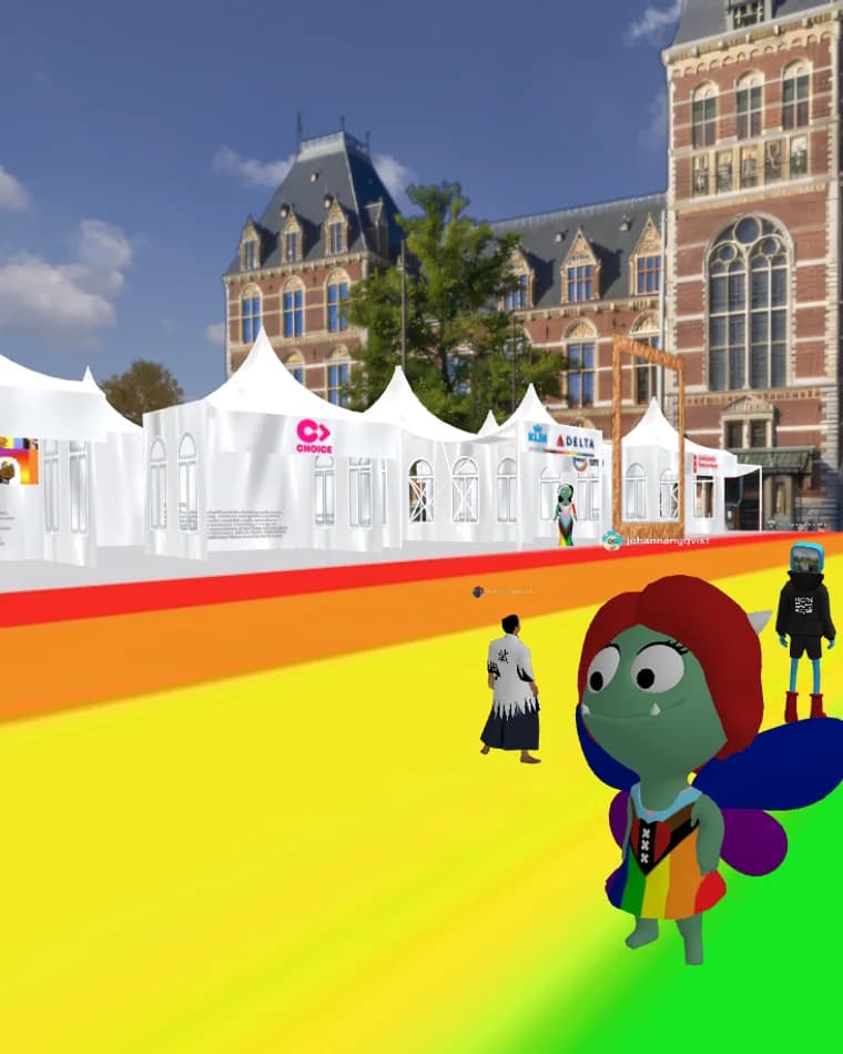 The museum over the rainbow floor, with the festival tents beside it