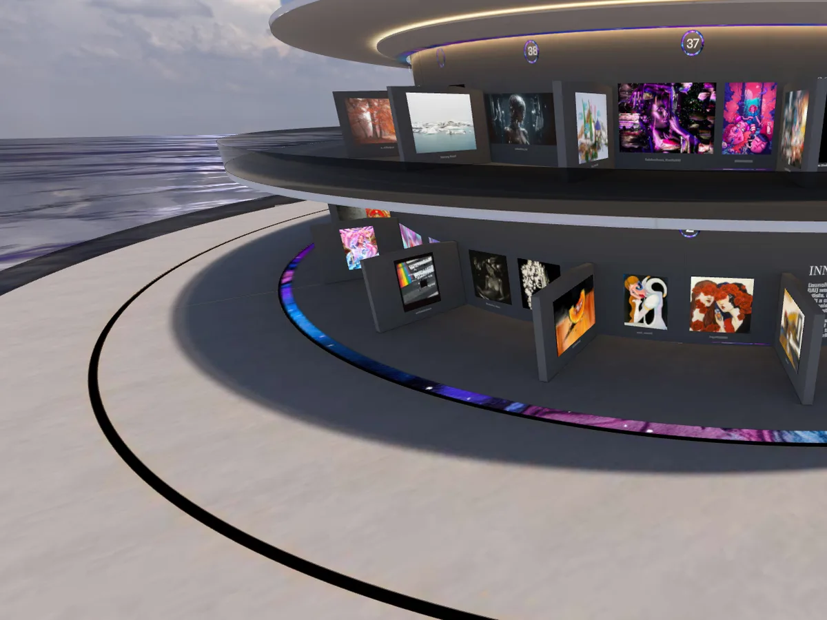 The upper deck of the 888 gallery, artworks hanging along it
