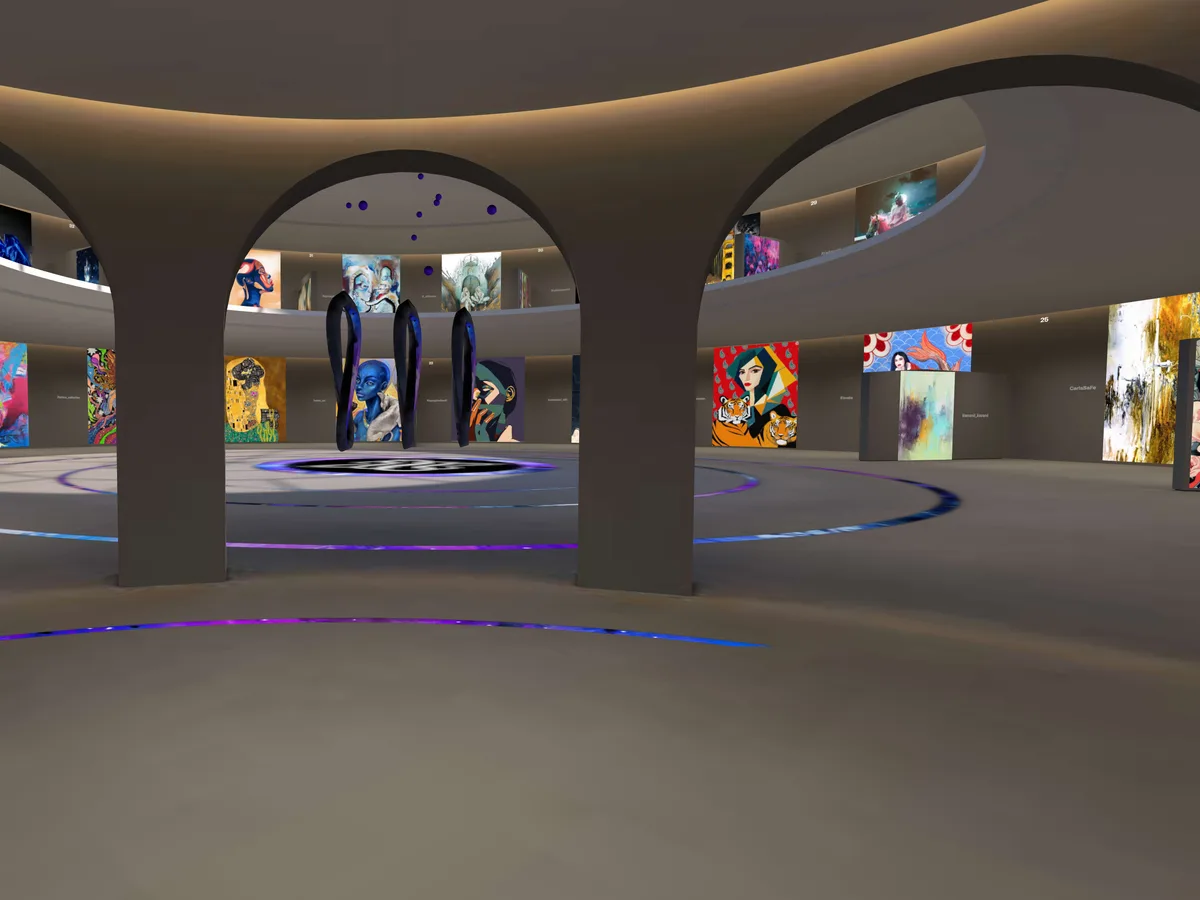 Inside the 888 rotunda, artworks between the pillars